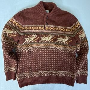 L.L.Bean 100% Lambswool Fair Isle Moose Henley Sweater Mock Neck Men’s M